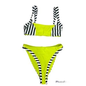SAME Los Angeles SWIM Neon 2-Piece Bikini Medium Striped High Cut Black White